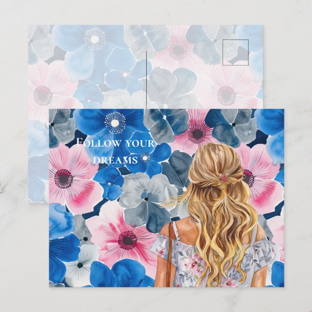 Carte Postale Chic Rose Bleu Été Floral Blond Fille (Devant / Derrière)