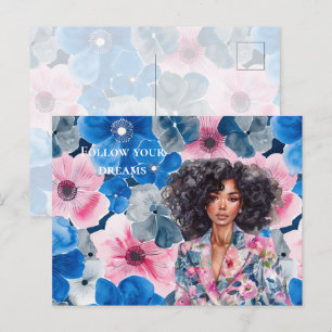 Carte Postale Chic Rose Bleu Été Floral Fille Noire
