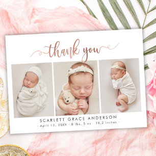 Carte Postale Chic Rose Gold Script Baby Photo Collage Merci