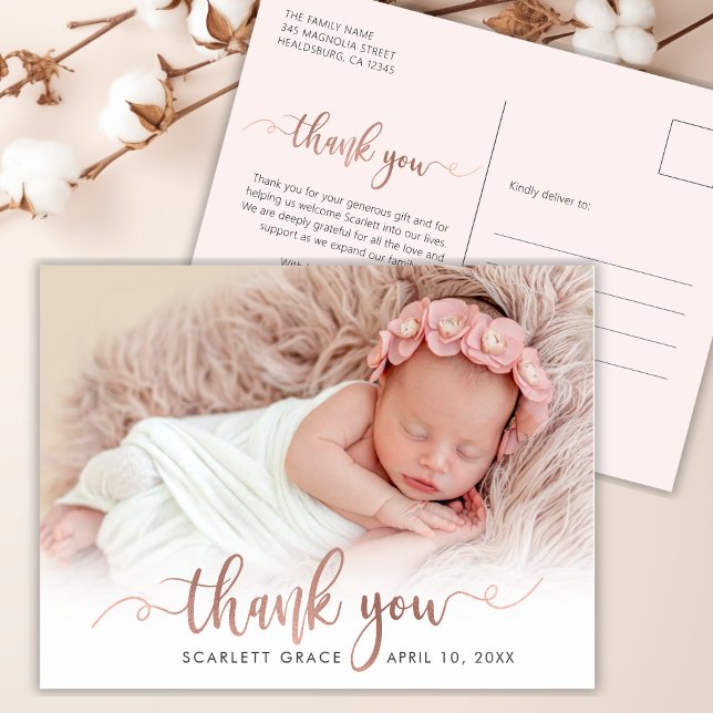 Carte Postale Chic Rose Gold Script Nouveau-né bébé photo Merci (Créateur téléchargé)