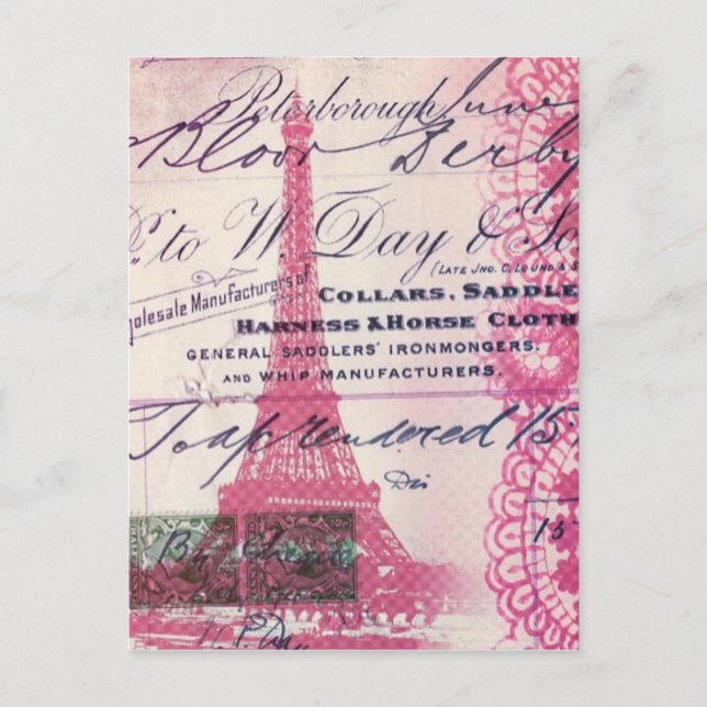 Carte Postale chic script français dentelle rose paris tour eiff (Devant)
