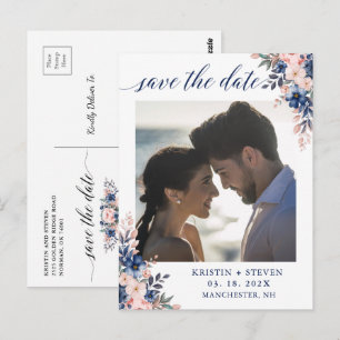 Carte Postale Chic Script Navy Peach Floral Photo Enregistrer la