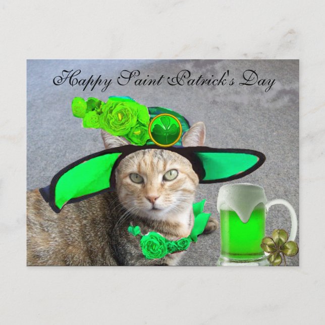 CARTE POSTALE CHIC ST.PATRICK'S DAY CAT, ROSES VERTS, BIÈRE IRLA (Devant)