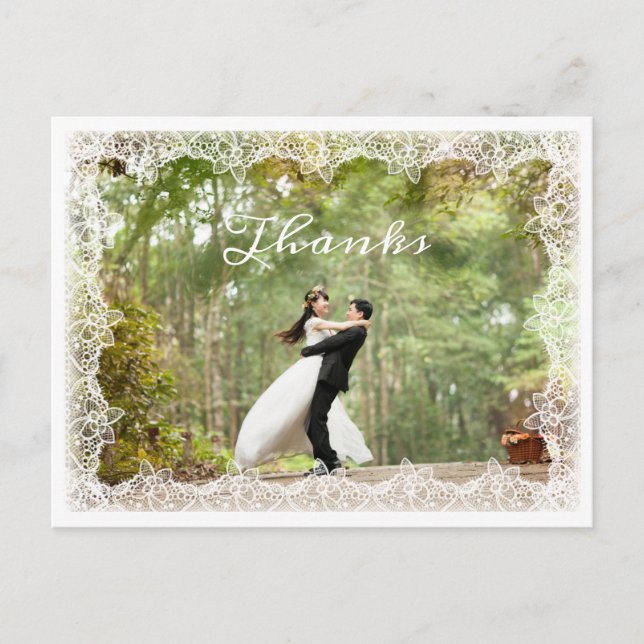 Carte Postale Chic White Lace Trimmed Mariage photo Merci (Devant)