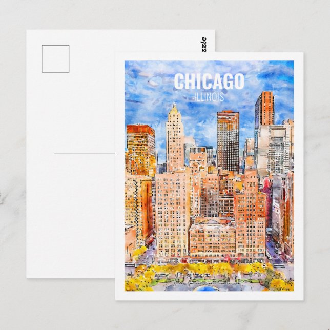 Carte Postale Chicago Illinois Fameux Voyage Aquarelle Sketch (Devant / Derrière)