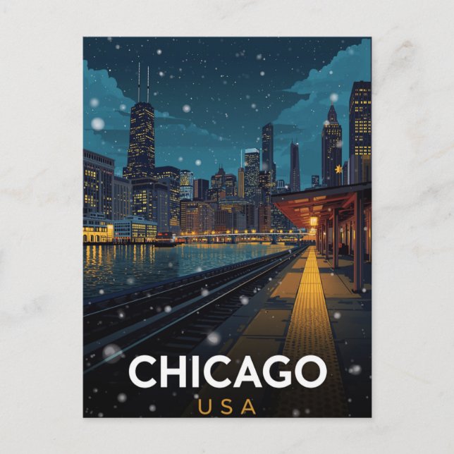 Carte Postale Chicago USA Skyline Winter Night (Devant)