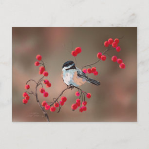 Carte Postale CHICKADEE & BERRIES ROUGES par SHARON SHARPE