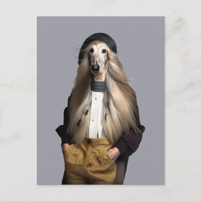 Carte Postale Chien afghan blond aux cheveux longs en pantalon (Devant)