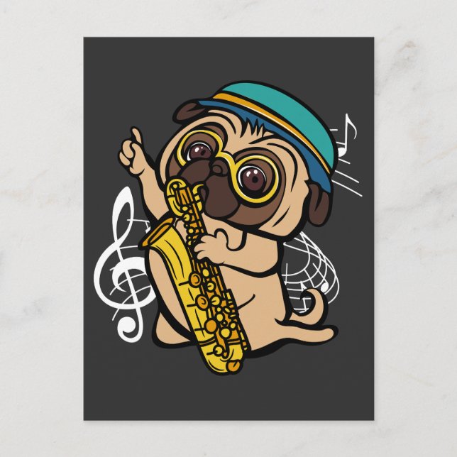 Carte Postale Chien Carlin Jouant du Saxophone Musicien (Devant)
