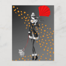 Chien & Dame Feuilles d'Automne Gris Monochrome Ca