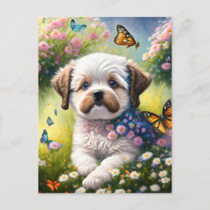 Carte Postale Chien dans les prairies florales avec papillons