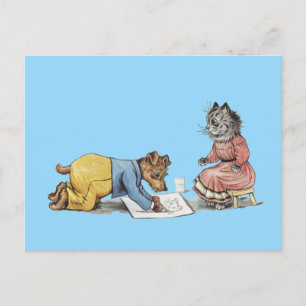 Carte Postale chien d'artiste amusant dessinant un chat