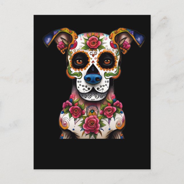 Carte Postale Chien de crâne à sucre avec un collier de Rose (Devant)