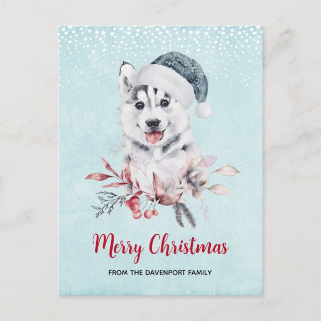 Carte Postale Chien de Noël Husky dans un chapeau de Père Noël (Devant)