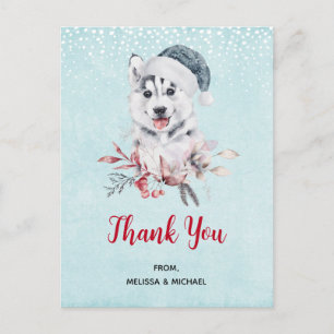 Carte Postale Chien de Noël Husky dans un Merci de Santa Hat