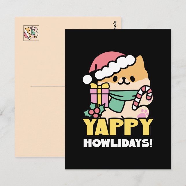 Carte Postale Chien de Noël mignon - Yappy Howlidays (Devant / Derrière)