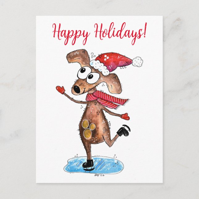 Carte Postale Chien de Noël Whimsical sur patins à glace (Devant)
