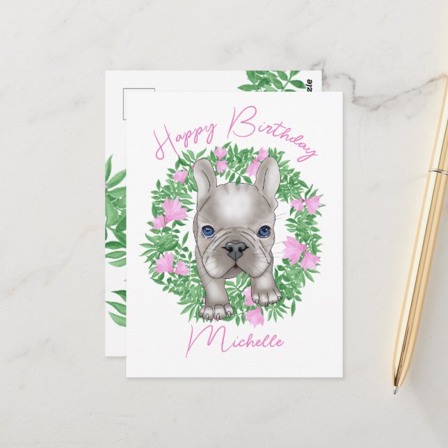 Carte Postale Chien de taureau français. Joyeux anniversaire (Devant/Arrière en situation)