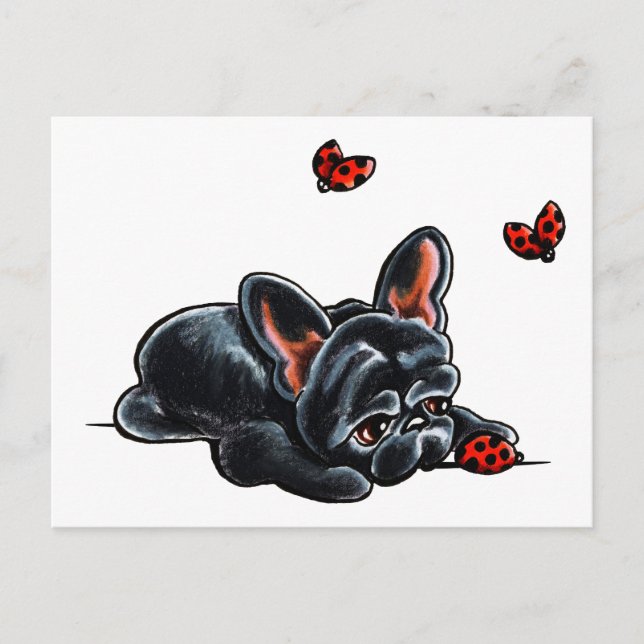 Carte Postale Chien de taureau français noir Ladybug (Devant)