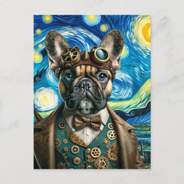 Carte Postale Chien de taureau français Steampunk dans la nuit é (Devant)