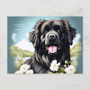 Carte Postale Chien de Terre-Neuve avec fleurs blanches