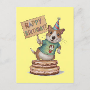 Carte Postale Chien debout sur le gâteau tenant un joyeux signe 