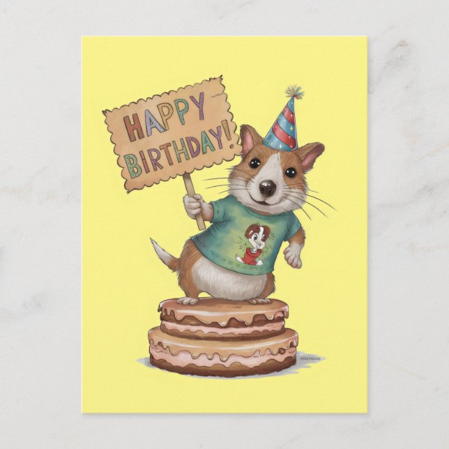 Carte Postale Chien debout sur le gâteau tenant un joyeux signe  (Devant)