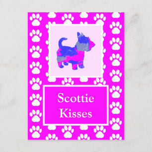 Carte Postale Chien écossais Baisers Silhouette en rose et bleu