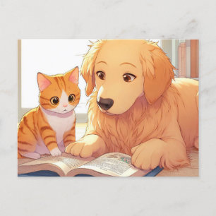 Carte Postale Chien et chat lisant un livre