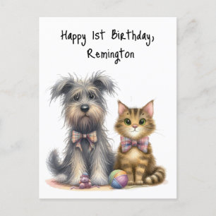 Carte Postale Chien et chat mignons Joyeux 1er anniversaire Pers