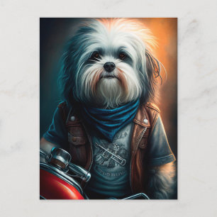 Carte Postale Chien Havanais en vélo peinture numérique
