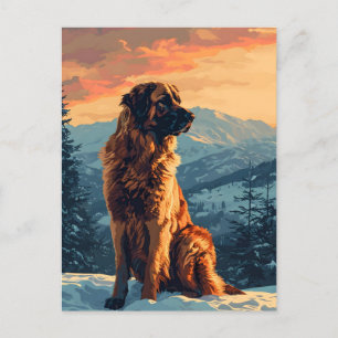 Carte Postale Chien Léonard dans la forêt enneigée au coucher du