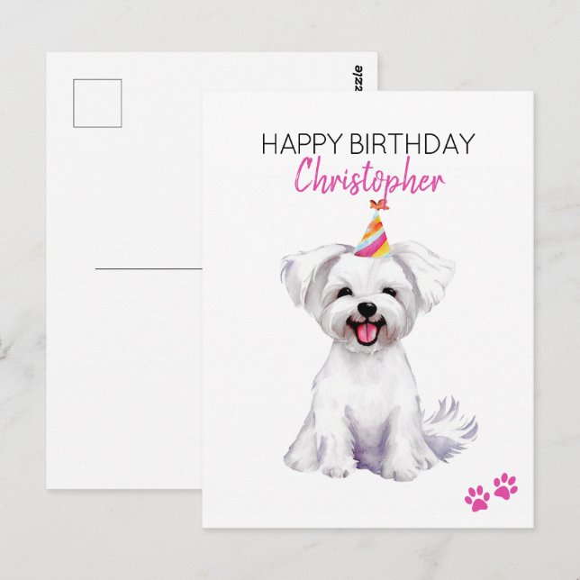 Carte Postale Chien maltais personnalisé Joyeux Anniversaire  (Devant / Derrière)