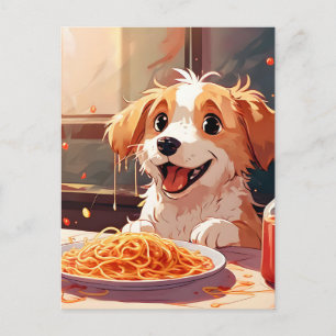 Carte Postale Chien mangeant spaghetti