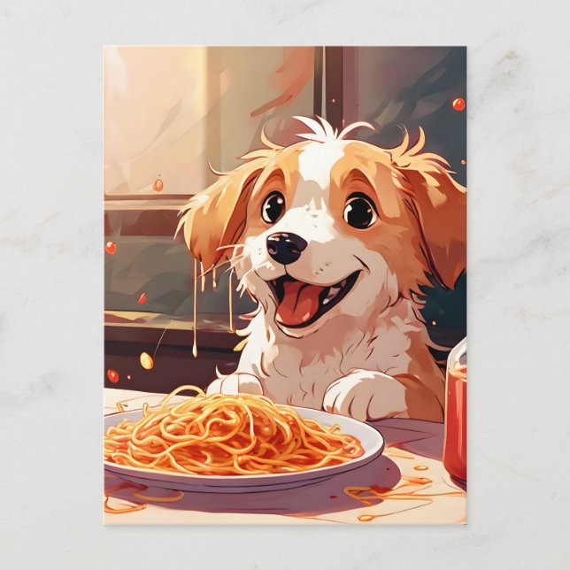 Carte Postale Chien mangeant spaghetti (Devant)