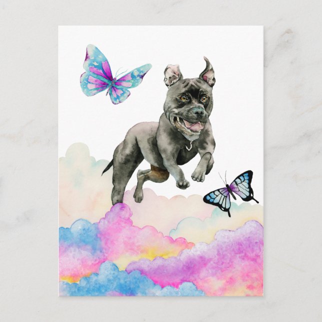 Carte Postale Chien Noir Qui Saute Sur Les Nuages Arc-En-Ciel (Devant)