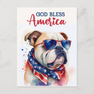 Carte Postale Chien Patriotique-Bouledogue, Dieu bénisse l'Améri