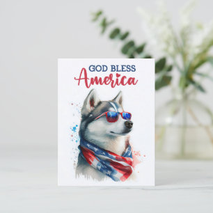 Carte Postale Chien Patriotique-Husky, Dieu Bénisse l'Amérique C