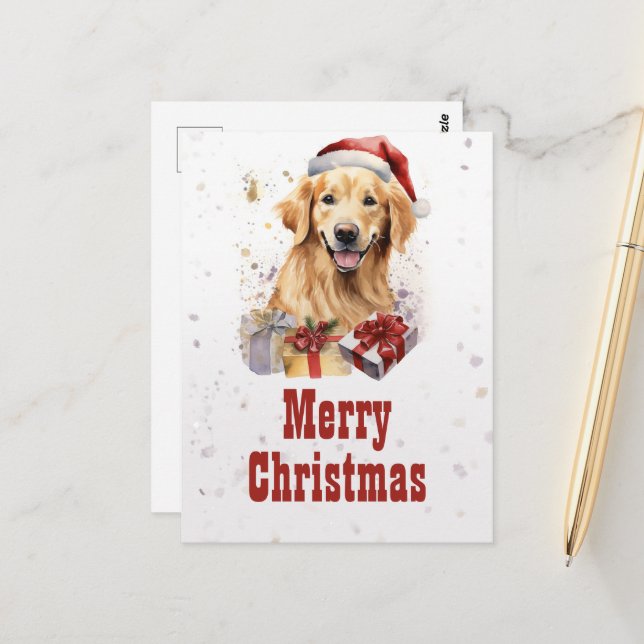 Carte Postale Chien retriever doré de Noël Aquarelle (Devant/Arrière en situation)