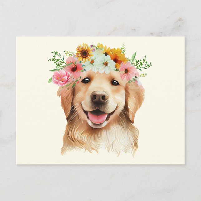 Carte Postale Chien Retriever Golden Mignon avec des Fleurs  (Devant)