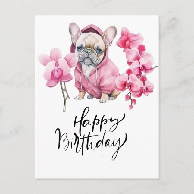 Carte Postale Chien-taureau français avec aquarelle orchidée Ann (Devant)