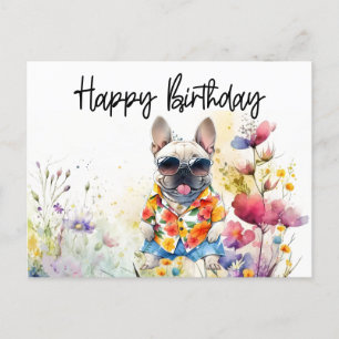 Carte Postale Chien-taureau français en champ de fleurs Annivers