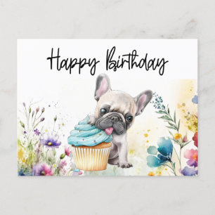Carte Postale Chien-taureau français en champ de fleurs Annivers
