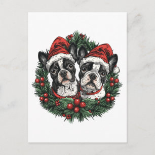 Carte Postale Chiens Boston Terrier Noël Couronne de fête