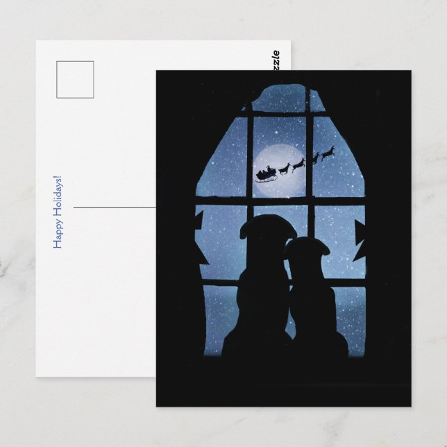 Carte Postale Chiens de Noël mignons de Noël dans la fenêtre (Devant / Derrière)