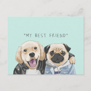 Carte Postale Chiens Golden Retriever & Carlin Meilleurs amis