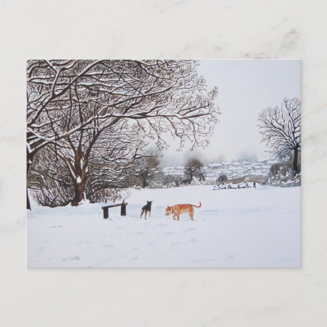Carte Postale chiens jouant en paysage neigeux à noël (Devant)