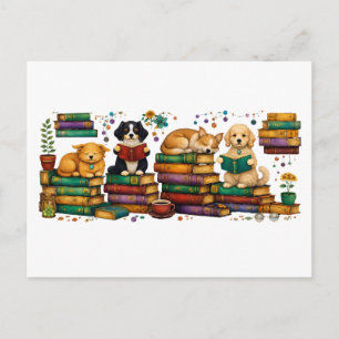 Carte Postale Chiens lisant des livres Scène de bibliothèque cos