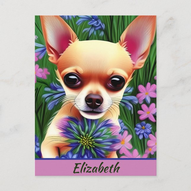 Carte Postale Chihuahua Puppy dans la prairie de fleurs Personna (Devant)