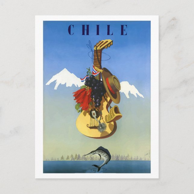 Carte Postale Chili. Guitare sur l'eau avec espadon, vintage (Devant)
